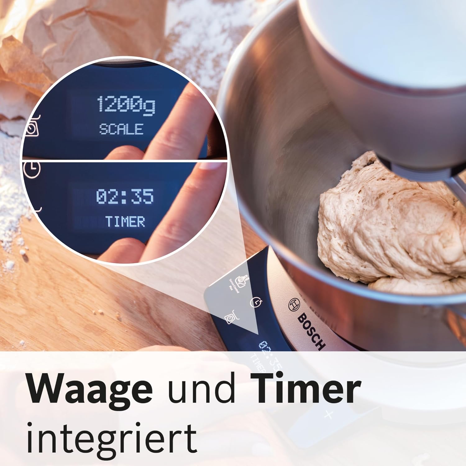 Bosch Küchenmaschine OptiMUM, 3 Automatikprogramme, Edelstahl-Schüssel 5,5 L, spülmaschinenfest, integrierte Waage, Timer, Profi-Knethaken, besen, 7 Stufen, 1500 W, silber, MUM9AX5S00