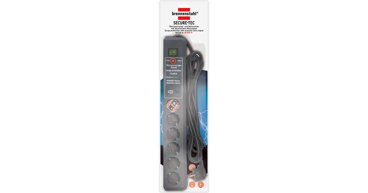 BrennenstuhlSecure-Tec 19500A +surge protection 6x stekkerdoos  (Antraciet, 1159540376, voor 6 stekkers)