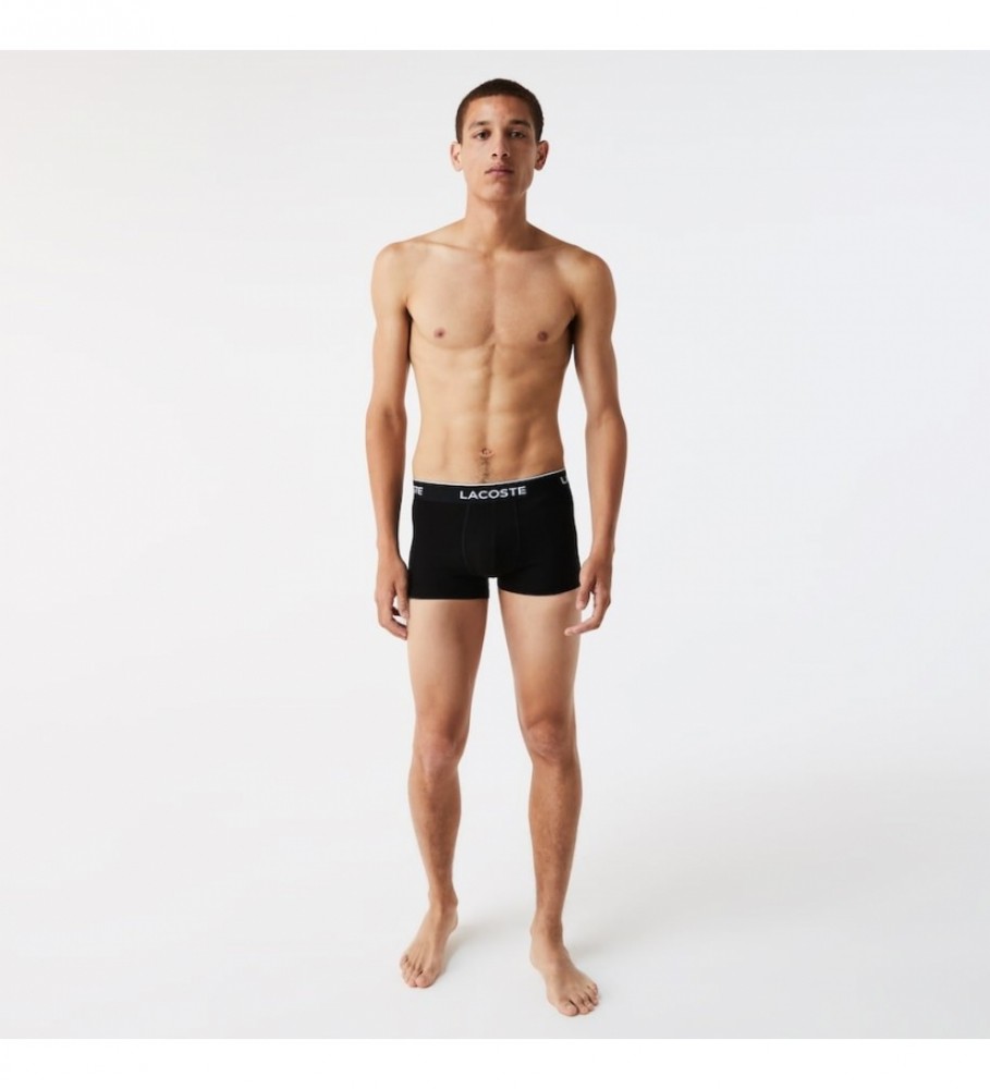 Conjunto de 3 cuecas boxer Lacoste 5H3389 nas cores preto, cinza e branco.