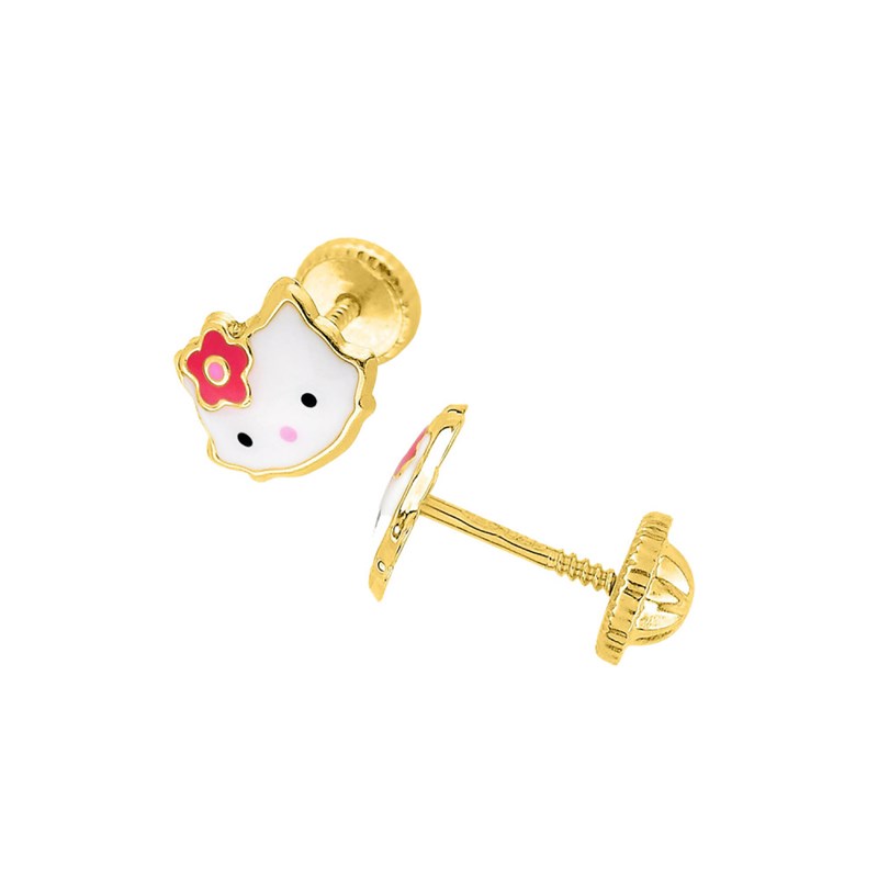 Boucles d'oreilles clou enfant - Or 9 Carats - Chat - Largeur : 8mm - Hauteur : 6mm