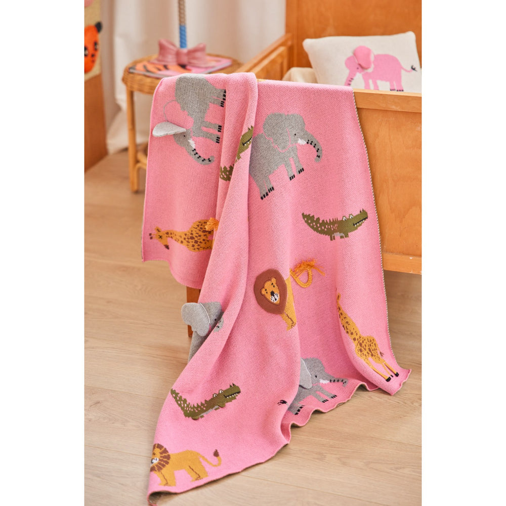 Køb Rice Strikket Baby Tæppe I Pink Med Animals Og 3D Details - Pink