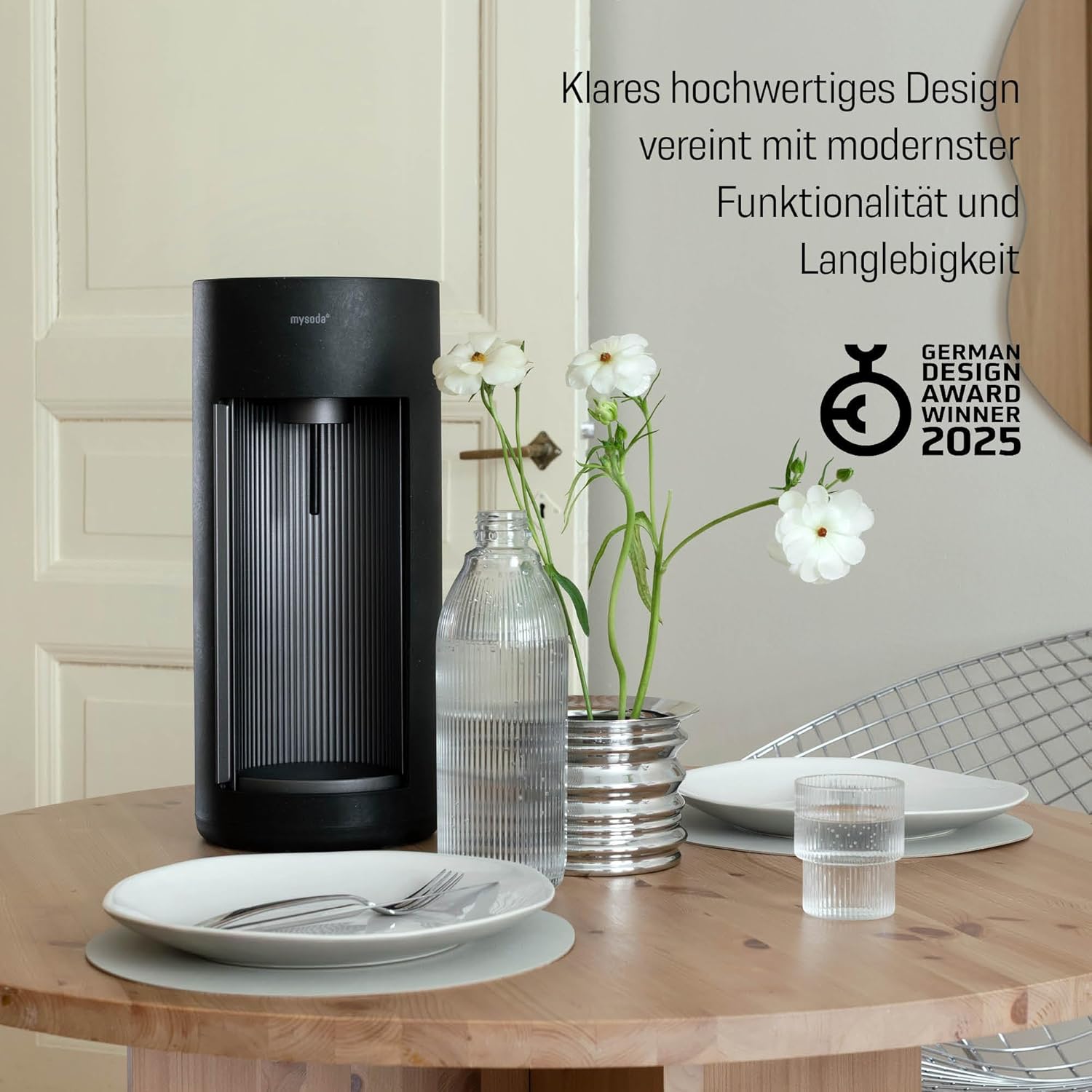 Mysoda: Stilvoller Glassy Wassersprudler aus Holzkomposit und Aluminium (ohne CO2-Zylinder) mit 1-Liter-Glasflasche & BPA-freier 1-Liter-Plastikflasche - Schwarz
