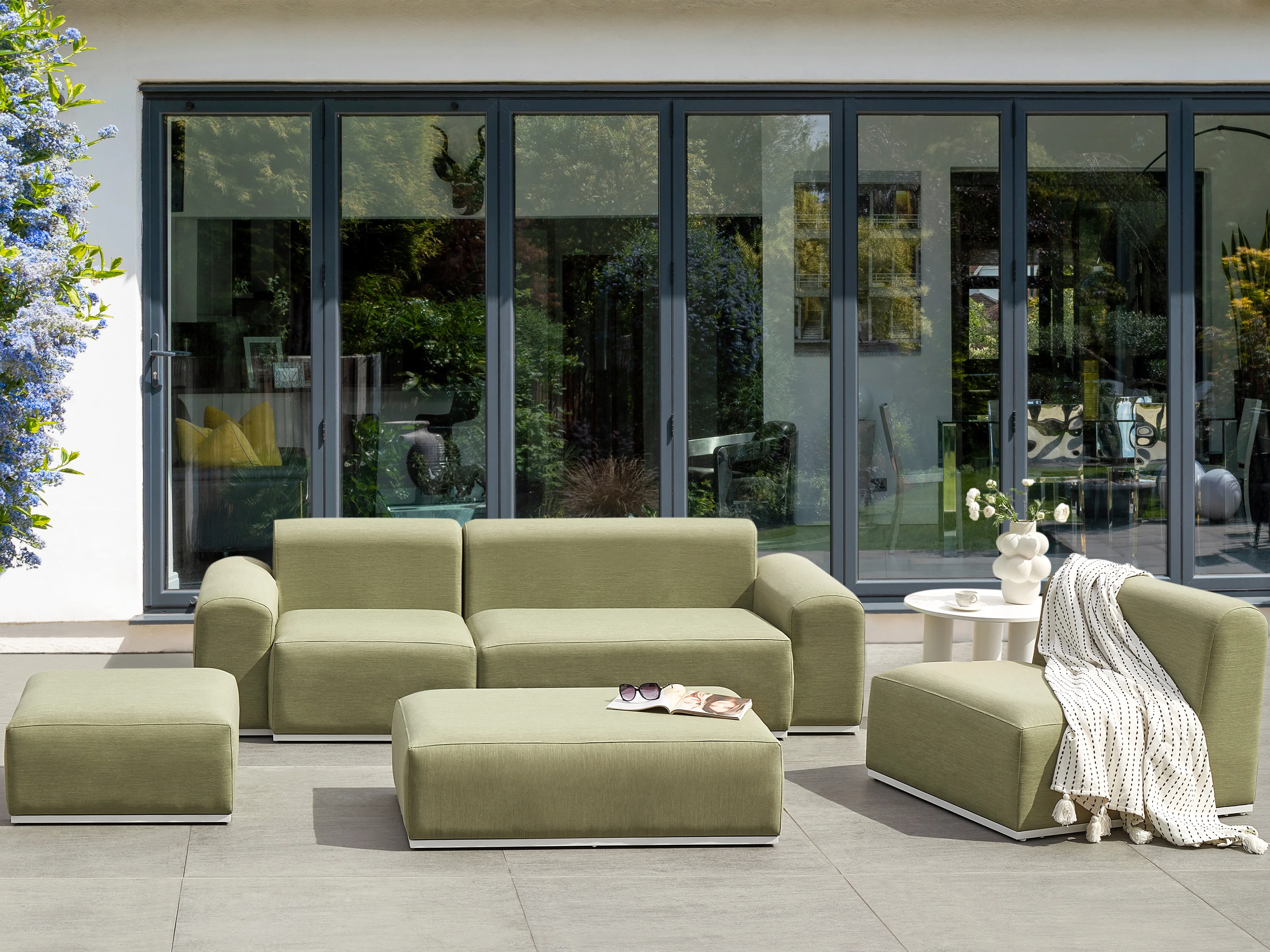 Tuin loungebank met ottomaan 7-zits BATTIFOLLO modulair Olijfgroen