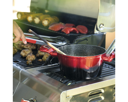 Nexgrill 5-pits gasbarbecue + zijbrander, zwart, inclusief opbergplank, dekselthermometer, geëmailleerde gietijzeren planchaplaat, vetopvangbak, grillpan, grillrooster, krachtige warmtezone, zijplank, warmhoudrek. Geëmailleerd gietijzeren grillrooste