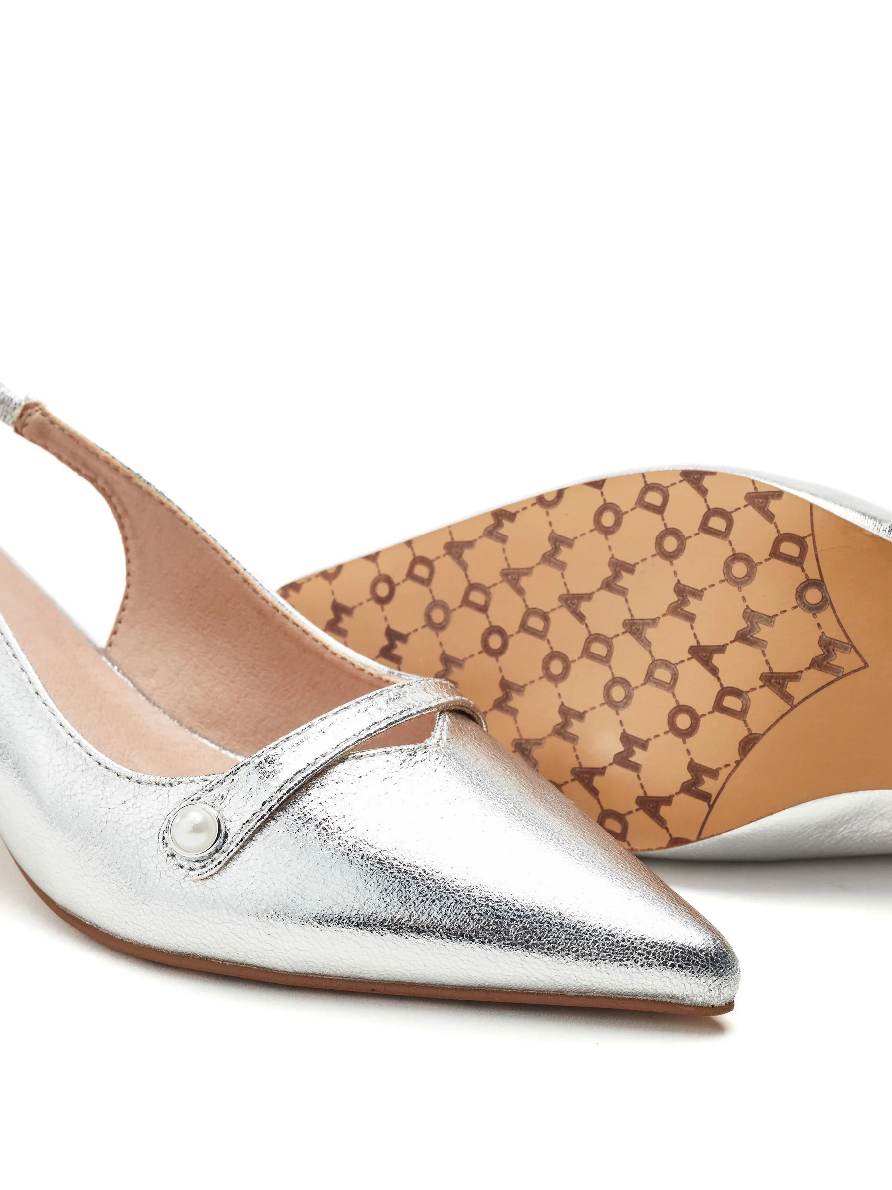 Zilver - Moda in Pelle Godal Pointed Heel Shoes With Front Strap And Pearl Trim