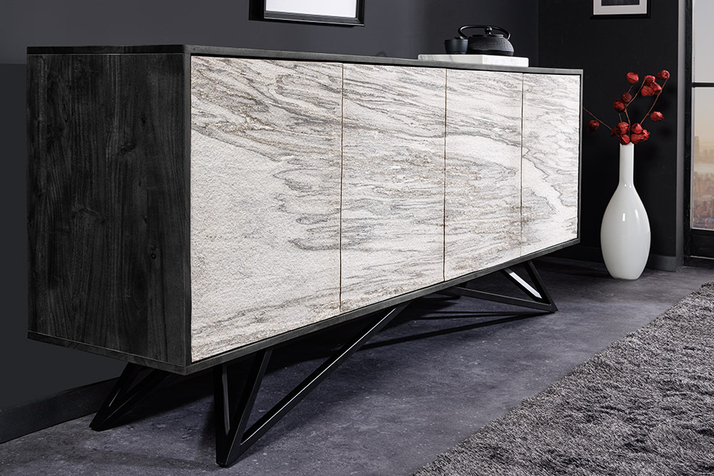 Massivholz Sideboard MOUNTAIN SOUL 175cm weiß schwarz Akazie echter Naturstein