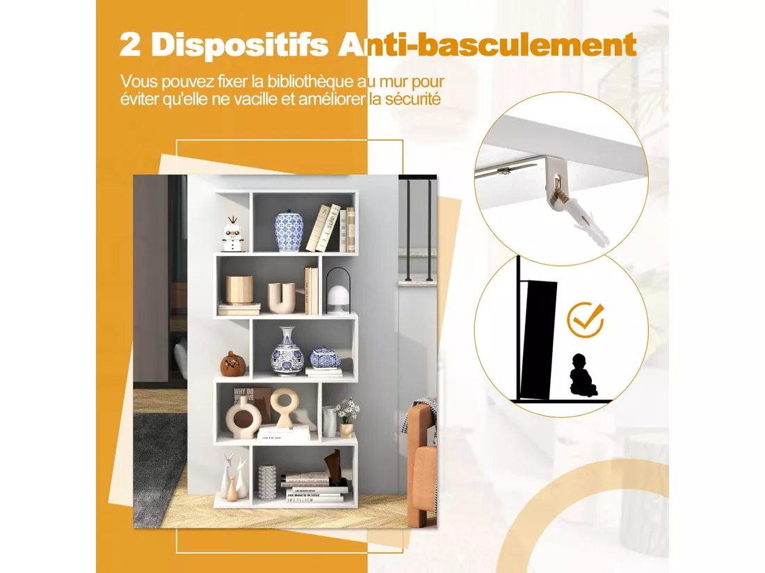 Bibliothèque Industrielle en Forme de S, Étagère à 5 Niveaux, Meuble de Rangement avec Anti-basculement, 70 x 23,5 x 158 cm, pour Salon, Chambre, Bureau, Marron Rustique