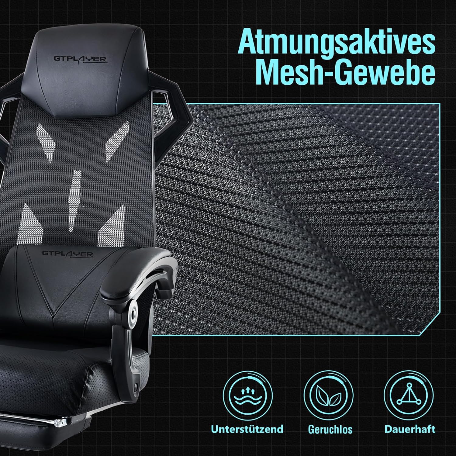 GTPLAYER Ergonomischer Bürostuhl Schreibtischstuhl Gamingstuhl Drehstuhl Verstellbarer Lordosenstütze Kopfstütze Rückenschonend Chefsessel mit Verbindungsarmlehnen Stummrädern schwarz