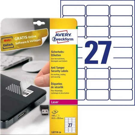 Avery Zweckform L6114-20 Sicherheits-Etiketten, 63,5 x 29,6 mm, 20 Bogen/540 Etiketten, weiß