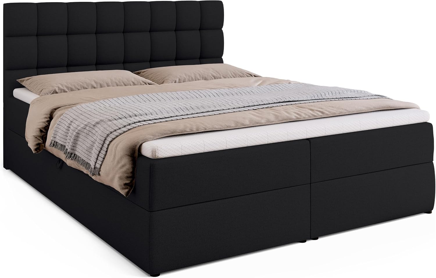 BROMARKT Boxspringbett mit Bettkasten Polsterbett mit Bonell-Matratze und Topper Bett für Schlafzimmer gepolstertes Kopfteil Dakota bonellfedern 160x200 Härtegrad H3 Schwarz