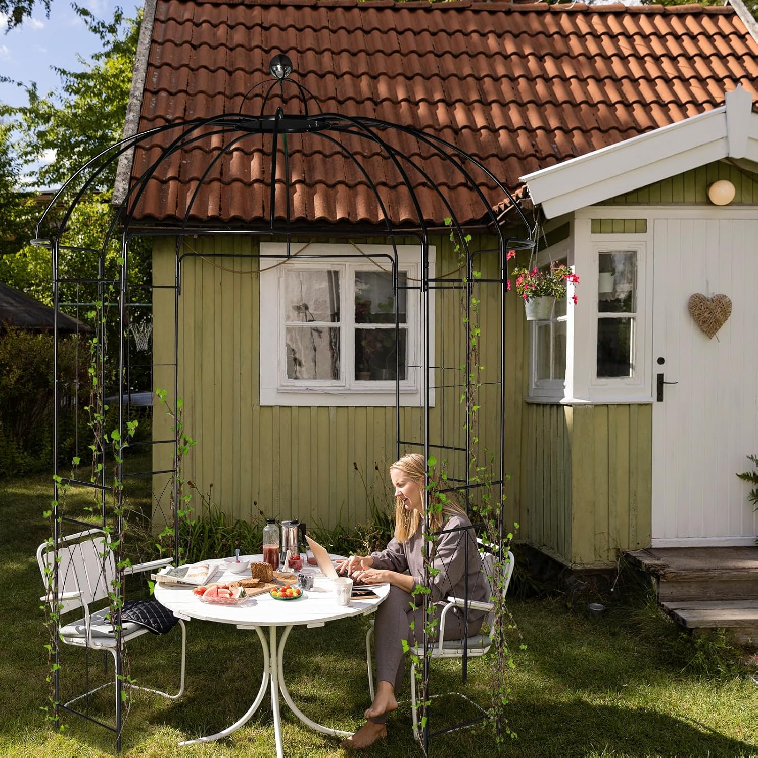 LEADZM Rosenbogen aus Metall stabil – 270 x 207 x 207 cm – Rankhilfe für Kletterpflanzen, Terrassen & Patios – Rostfrei & Wetterfest – Schwarz