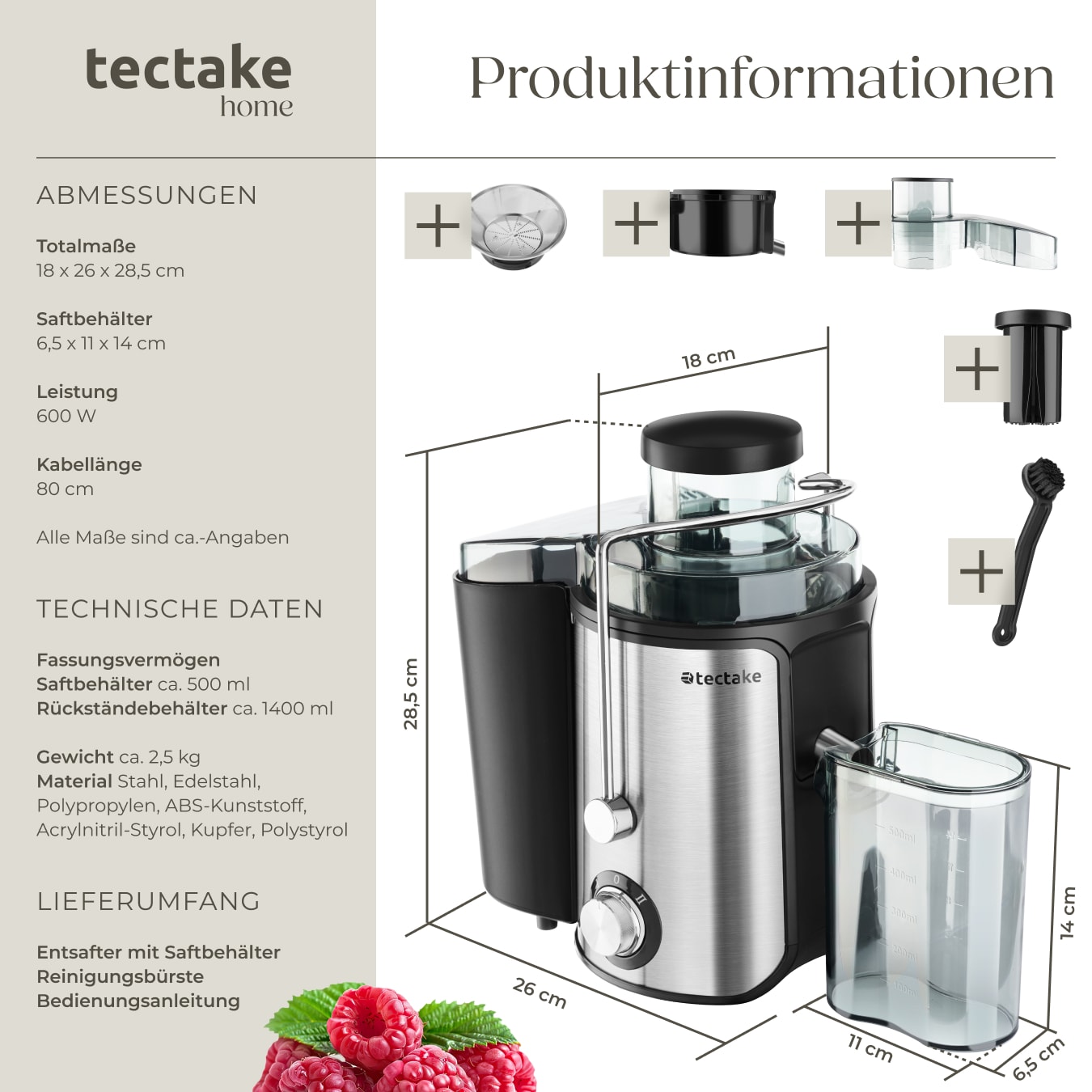 tectake® Entsafter, 600 W, 500 ml Fassungsvermögen, Edelstahlgehäuse, rutschfeste Gummifüße, 18 x 26 x 28,5, GS-Zertifikat