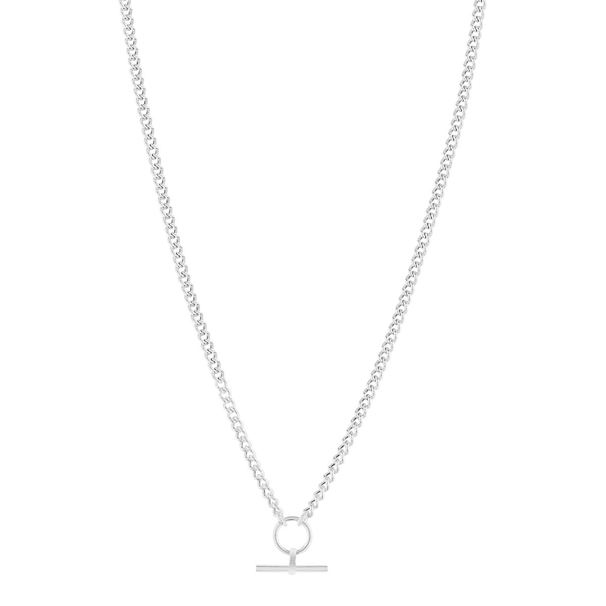 Collier argent 925 maille gourmette motif anneau T/bar. Longueur 45 cm.