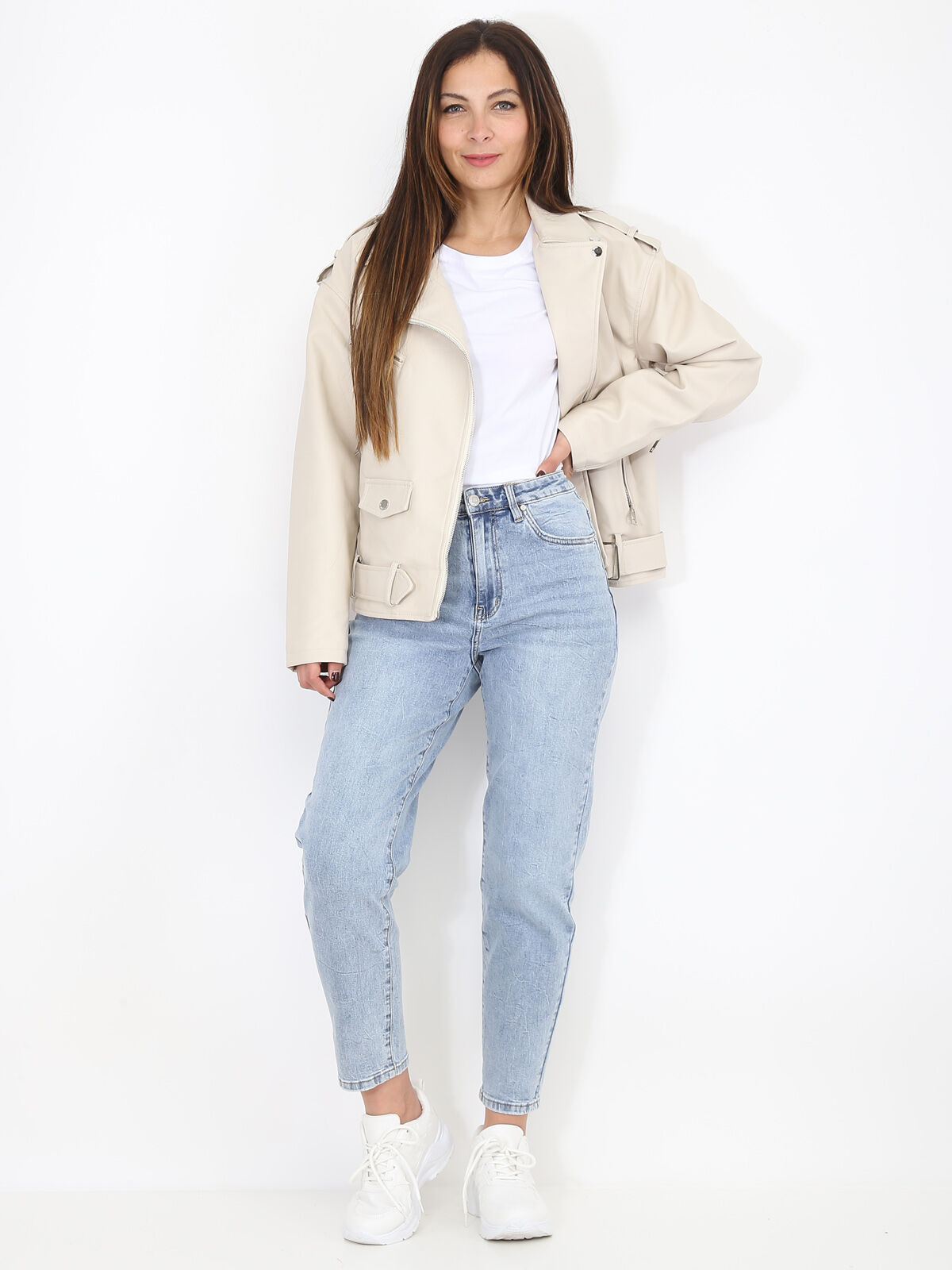 Blouson motard oversize en simili- Beige