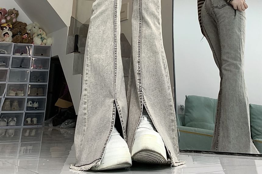 RONIN - Mid Waist Slit Fringed Washed Flared Jeans