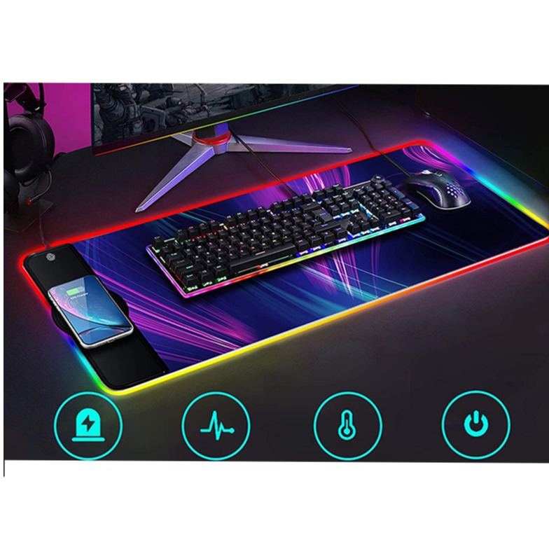 (80x30cm) Gaming Mauspad Mausmatte mit Rutschfester Unterseite   RGB-Beleuchtung und Qi Wireless Fast Charging Ladegerät - Schwarz