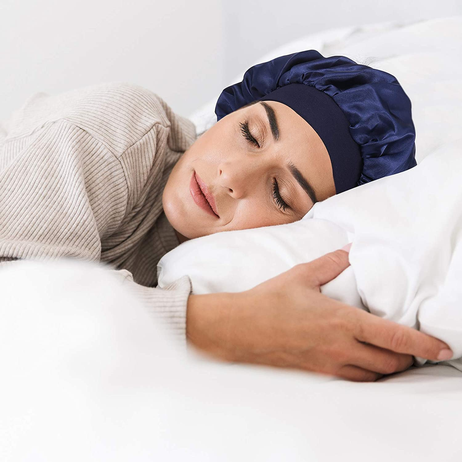 (Ø22cm) Elastische Satin Nachtmütze Haar Schlafmütze Bonnet - Schwarz