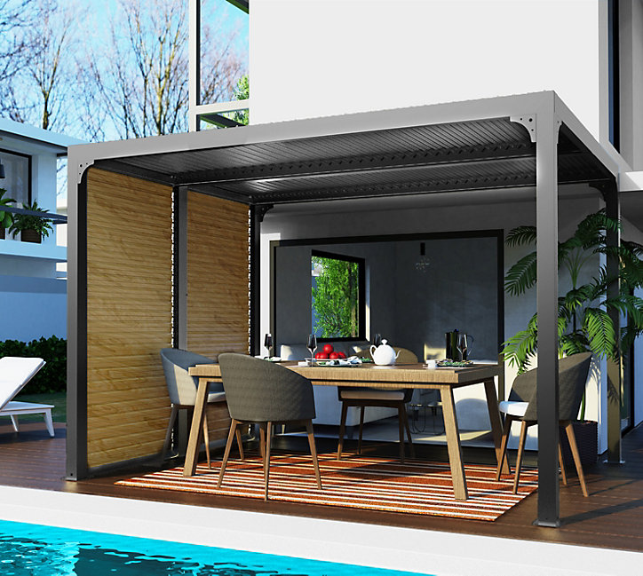 Pergola bioclimatique ALU grise + ventelles latérales imitation bois 3 m x 2,4 m 7,20 m2 Habrita
