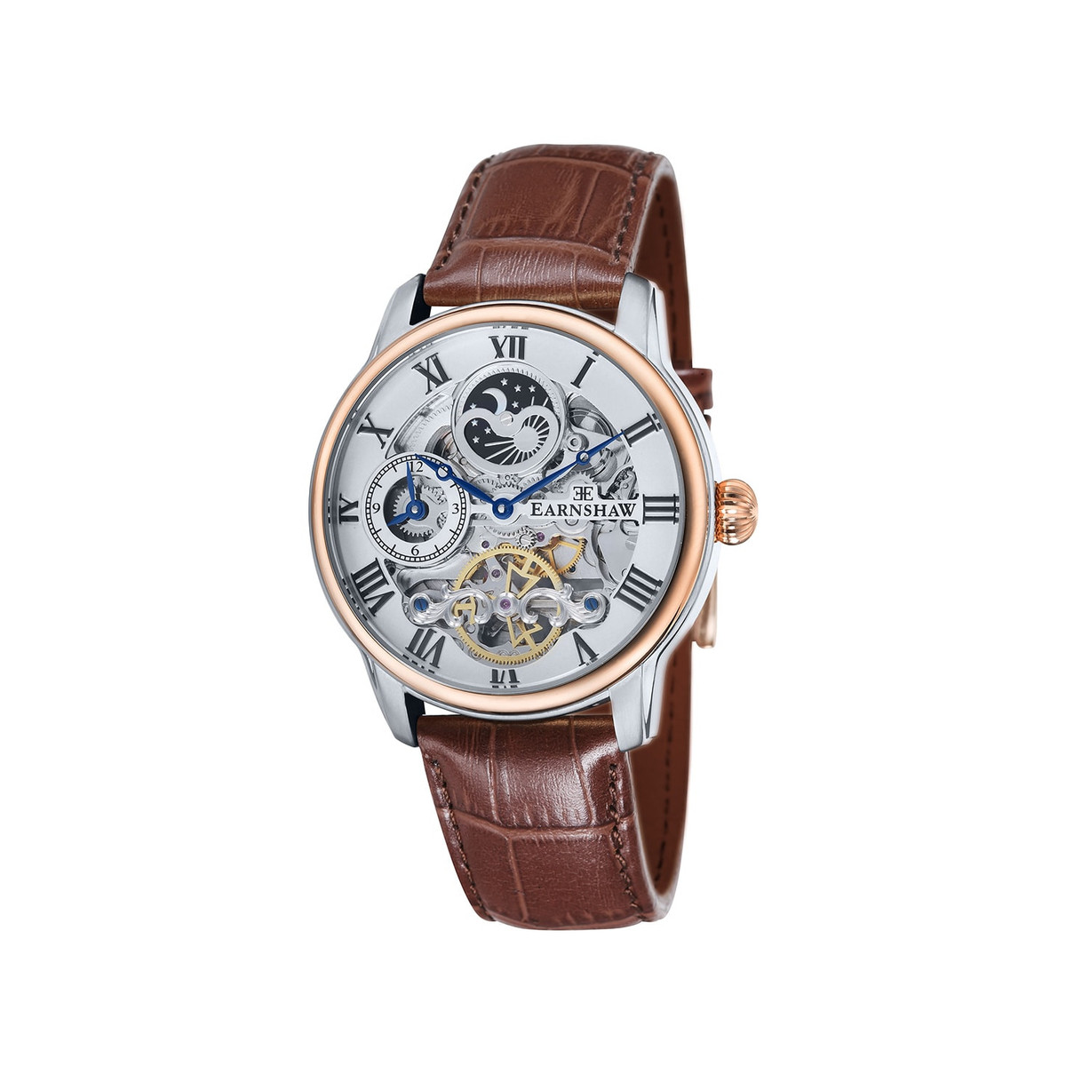Montre EARNSHAW Longitude homme automatique acier bracelet cuir marron