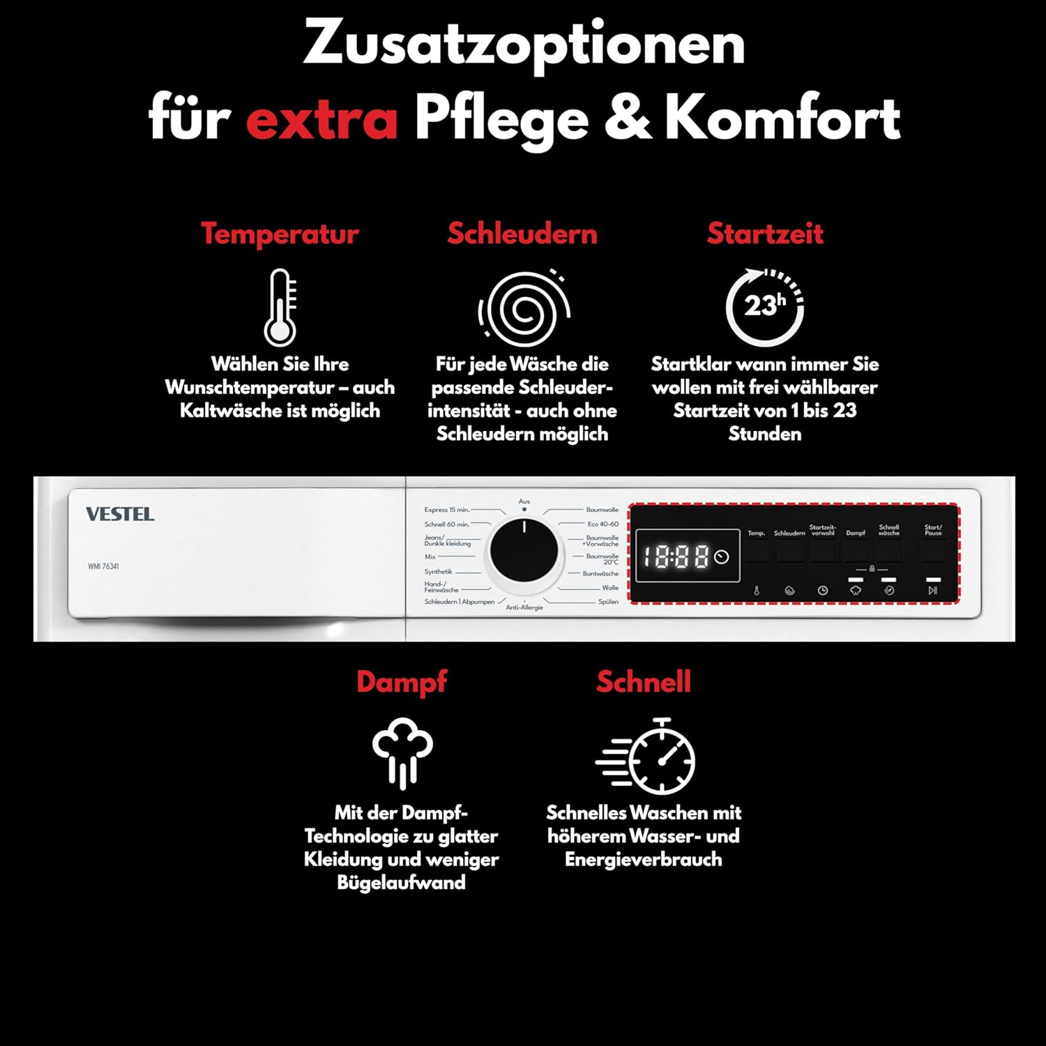 VESTEL WMI 76341 Waschmaschine 7 kg Frontlader – 1400 U/min, Energieeffizienzklasse A, Inverter-Motor, Dampffunktion, AquaStop, leise, freistehend, weiß