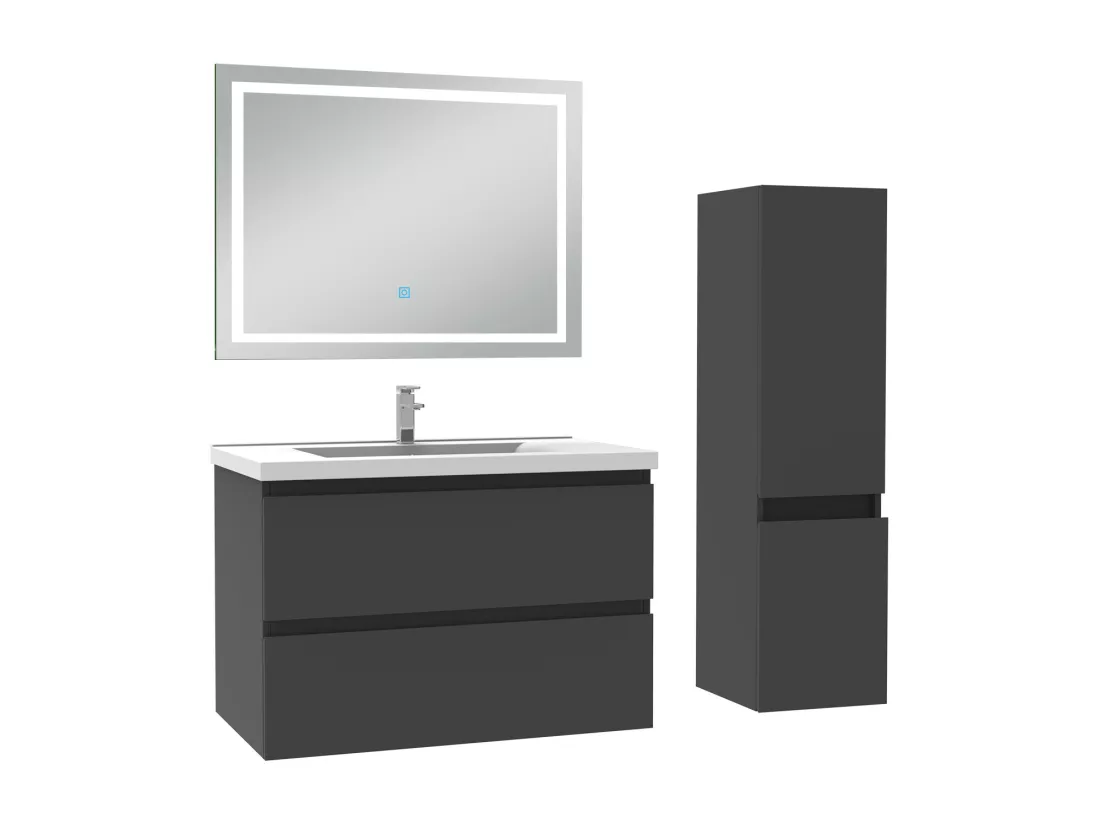 Ensemble meuble salle de Bain 80cm simple vasque avec colonne et miroir 3 couleurs Anthracite