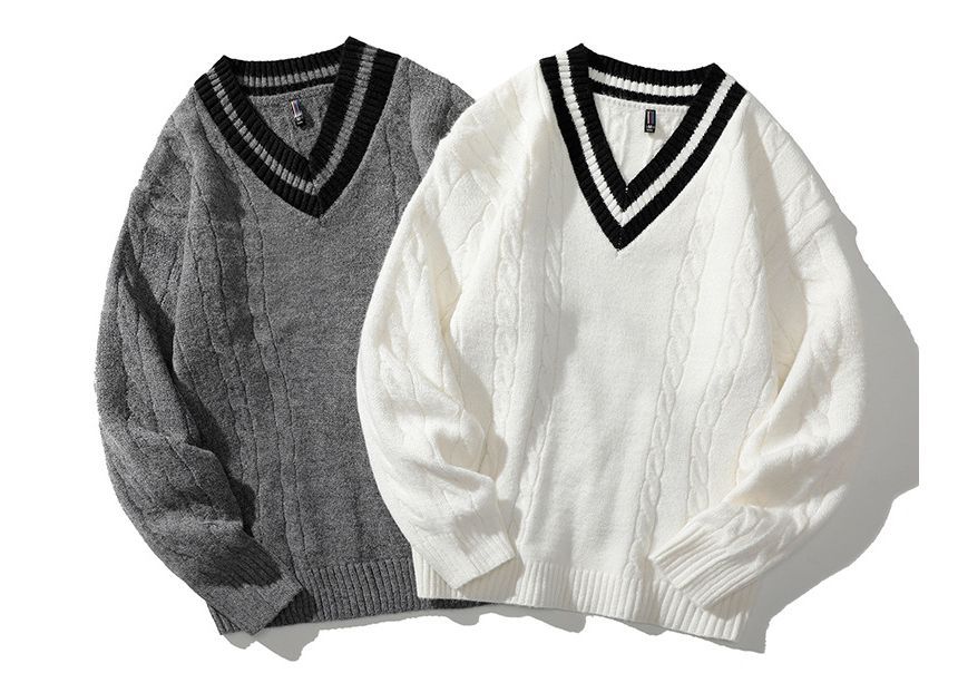 Dandyluxe - V-hals contrasterende kabelgebreide losse trui