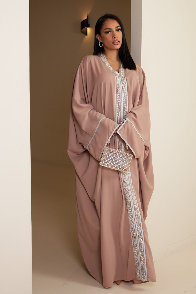 Abaya rose à empiècement perle argenté