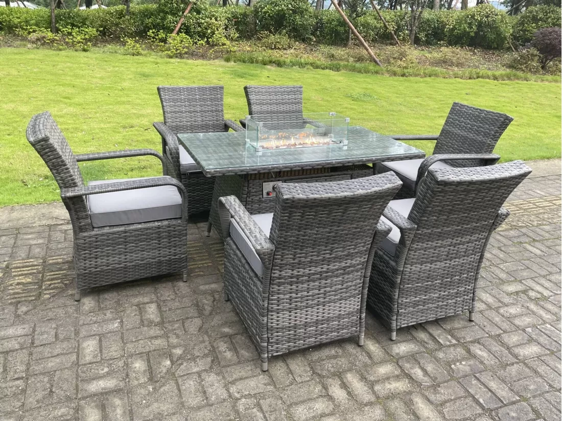 Ensemble De Mobilier 6 Chaise et Rectangulaire Table de foyer à gaz Rotin Mélange gris foncé