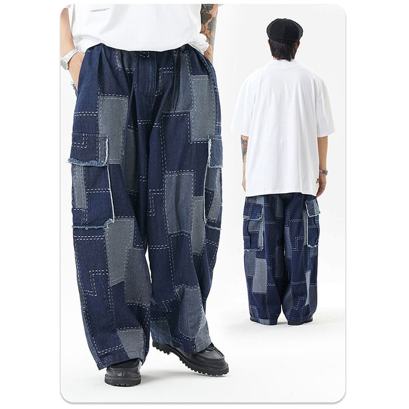 Adotuastic - Laag uitgesneden patchwork cargojeans met wijde pijpen