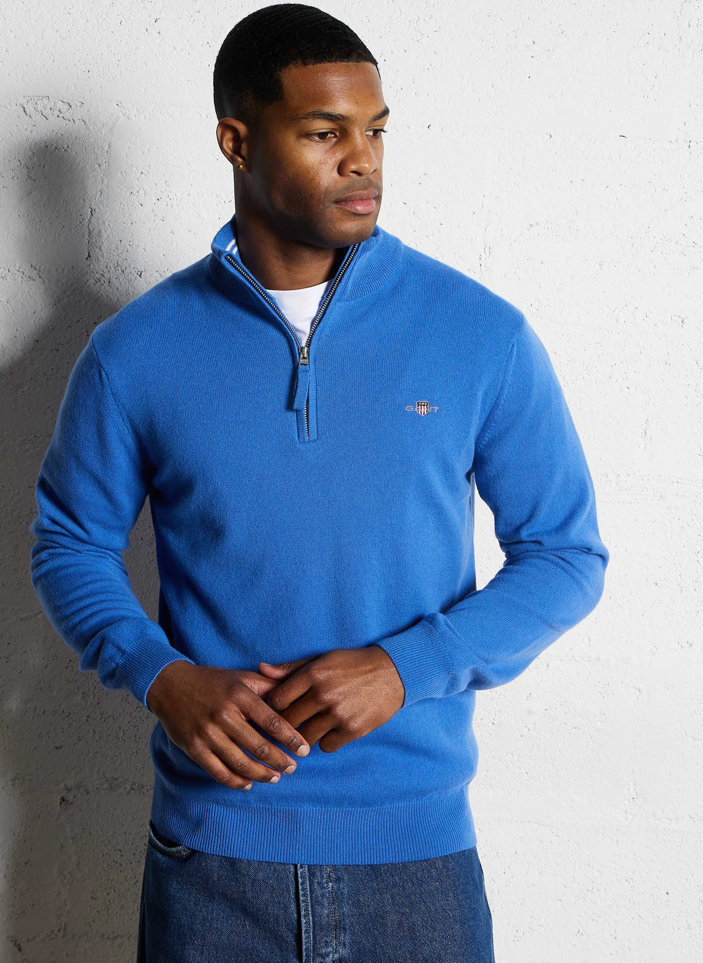 Pull col montant zippé en laine | Bleu