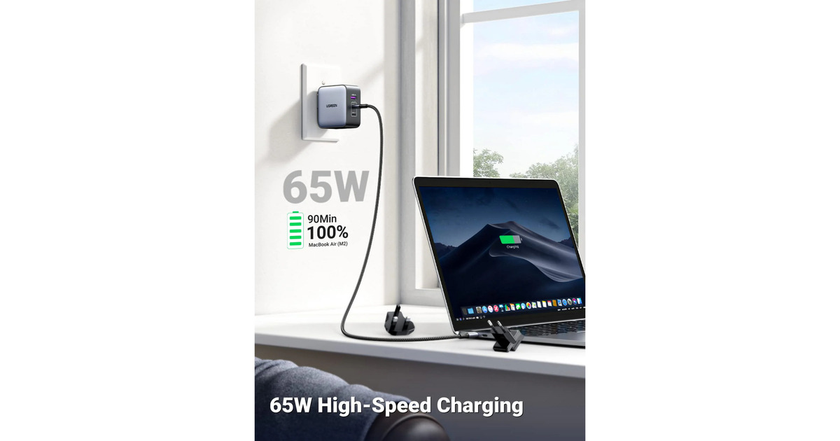 UgreenNexode 65W USB C GaN Oplader met 3 poorten met EU/US/UK Stekker  (Zilver/zwart)