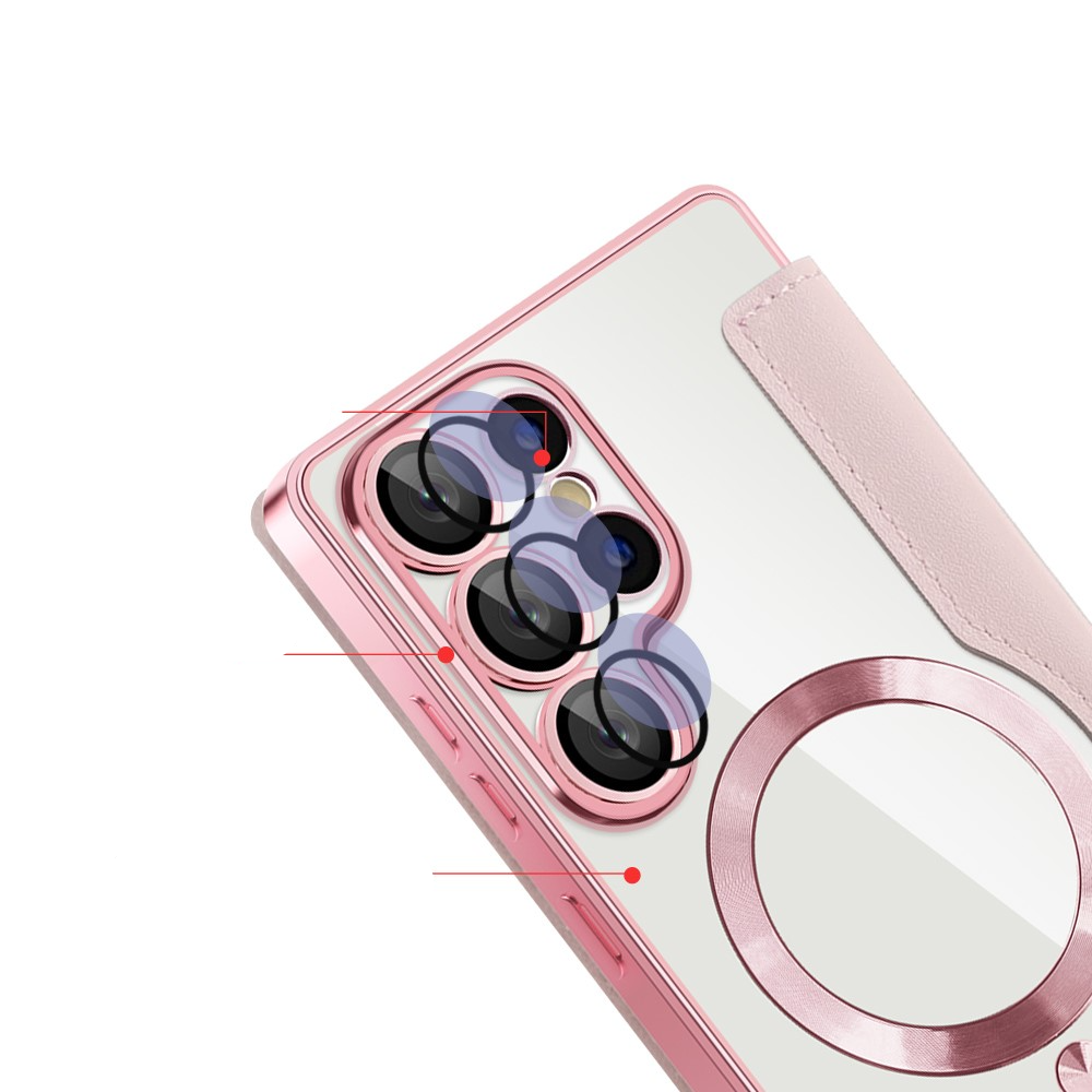 Samsung Galaxy S25 Ultra Hybrid Leder Tasche   Kunststoff Rückseite MagSafe-Modul (RFID Schutz) - Rosa / Transparent