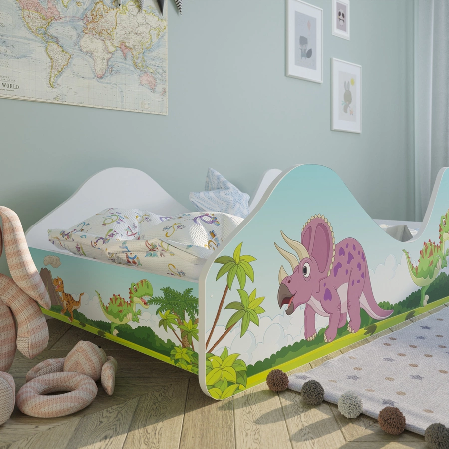 Kids Collective Kinderbett Jugendbett 80x160 mit Rausfallschutz | Kinder Spielbett mit Lattenrost Dino Motiv mit Matratze