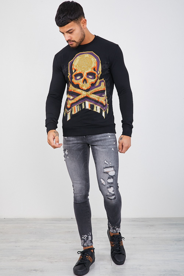 Sweat noir à tête de mort en strass jaune/orange