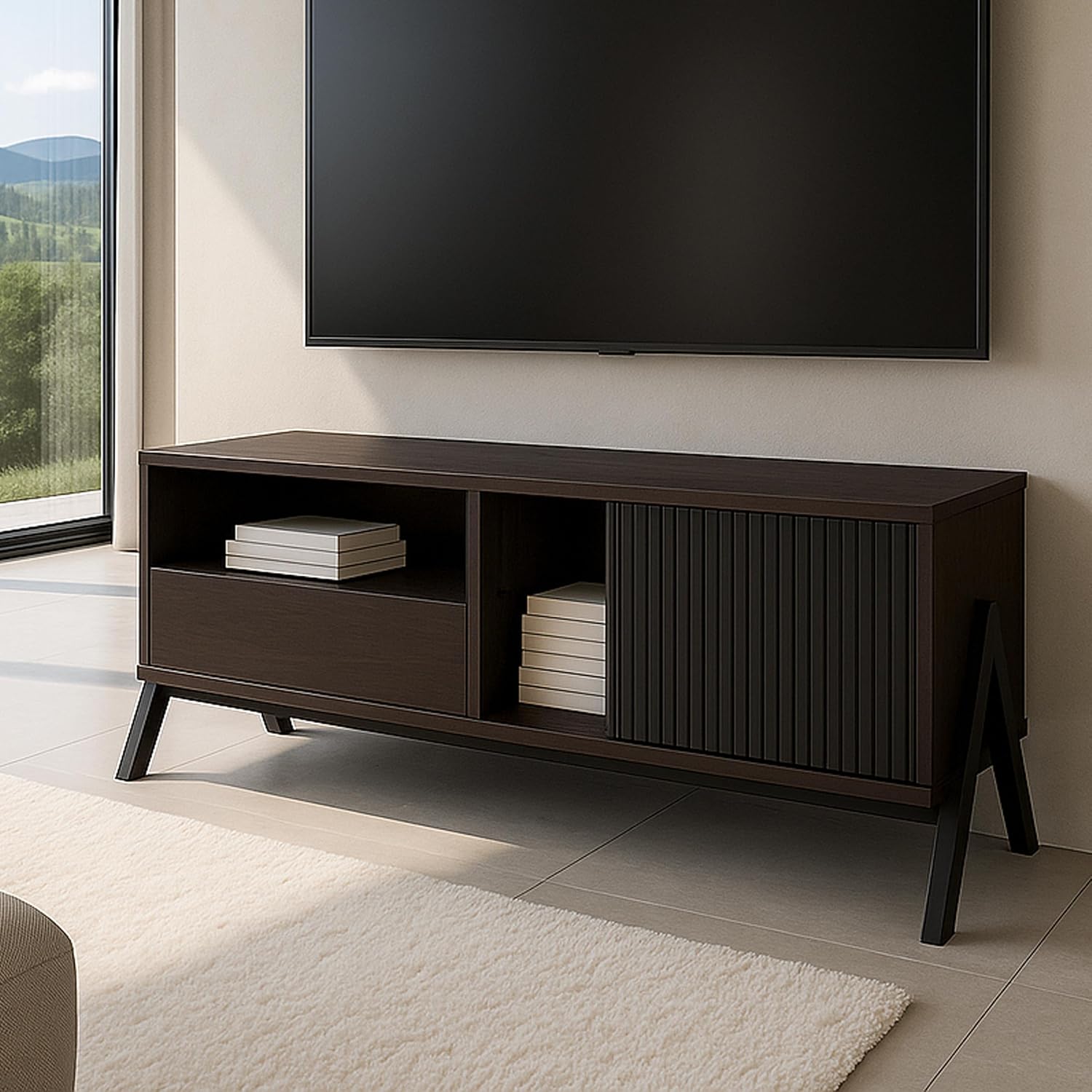 Mendler TV-Rack HWC-O40, Lowboard TV-Schrank Schiebetür Staufächer Schublade, MDF Metall Melamin 49x120x40cm - Walnuss-Optik KC8383815