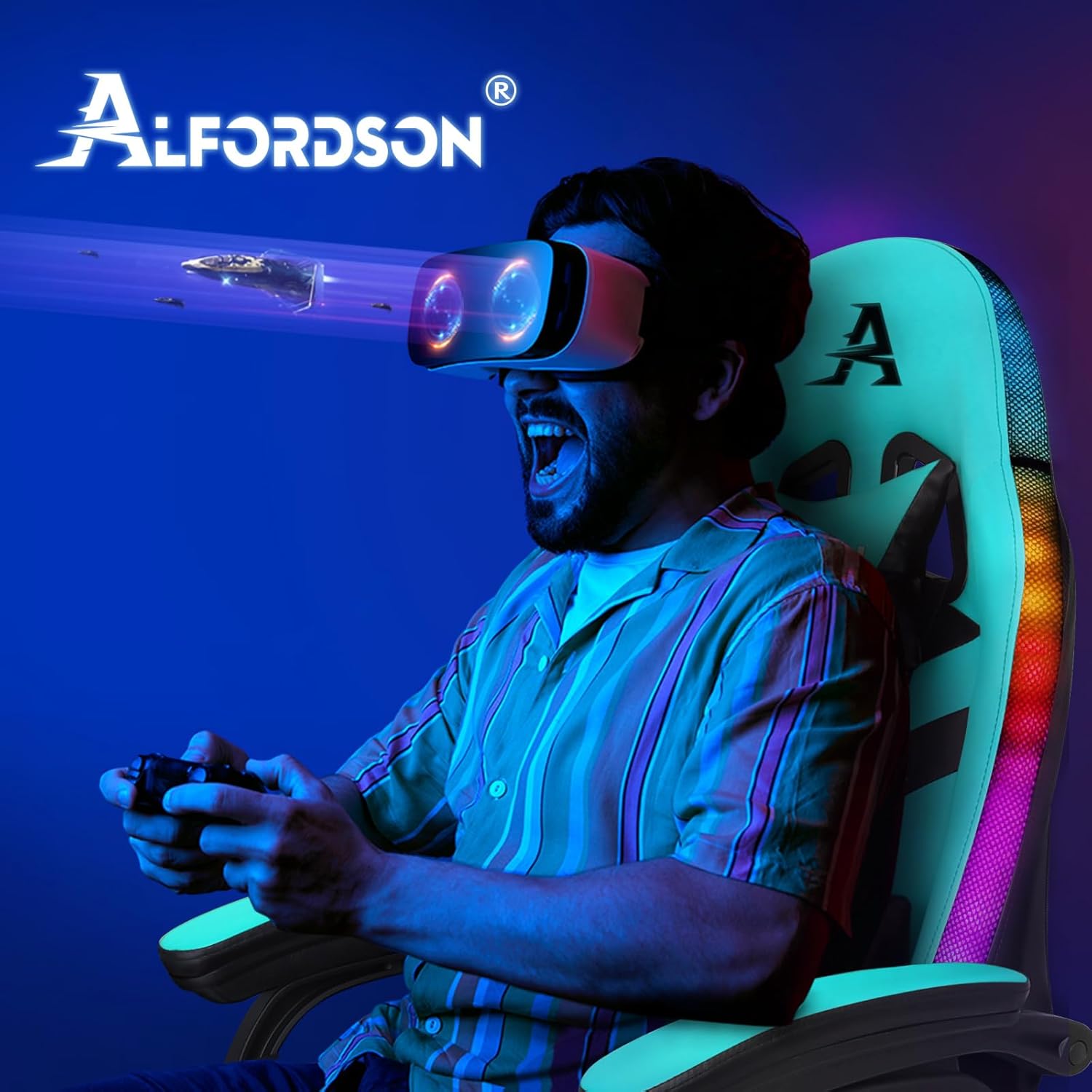 ALFORDSON Gaming Stuhl mit 8-Punkt Massage 12 Farben RGB LED-Licht, Bürostuhl Ergonomisch mit fußstützen, Kopfstütze Lendenkissen für Kinder Erwachsene, Cyan