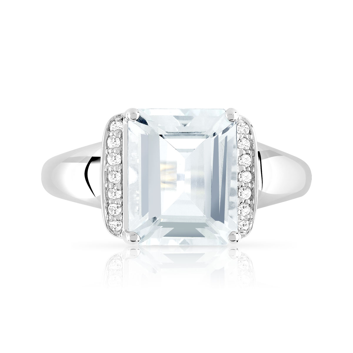 Bague or 375 blanc aigue-marine rectangulaire et diamants