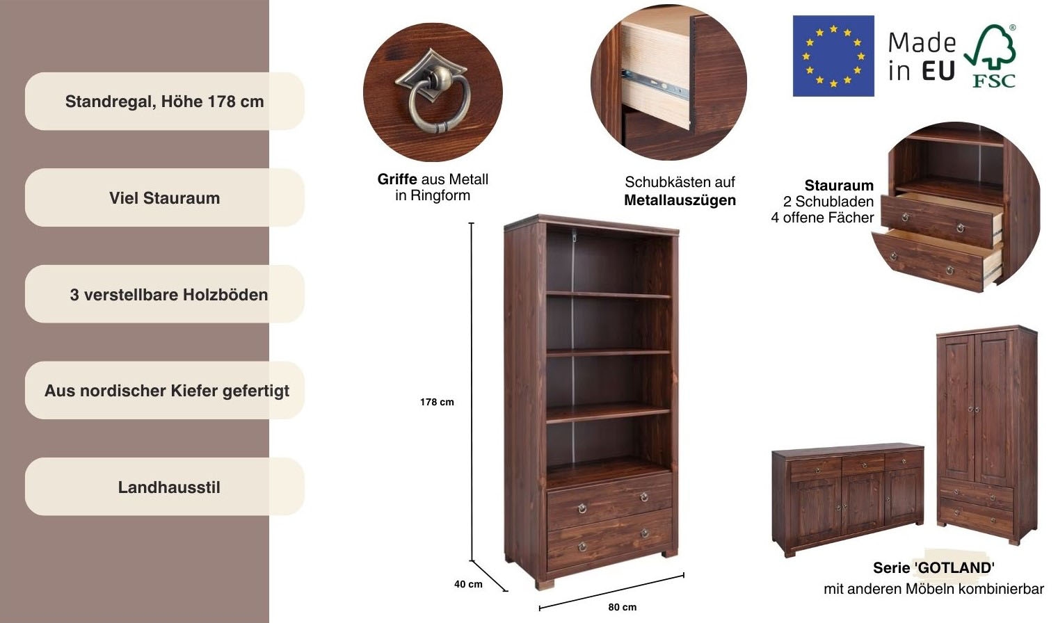 Home affaire Standregal »Gotland« Breite 80 cm, Höhe 178 cm, aus massiver Kiefer, FSC®