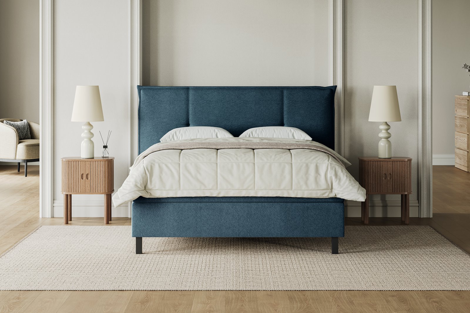 XOV Premium 15 Kontinentalseng 140x200 cm i tekstil Terranova 21 blå, medium/medium med Premium 15 overmadrass og sort firkantede ben, gavl selges separate