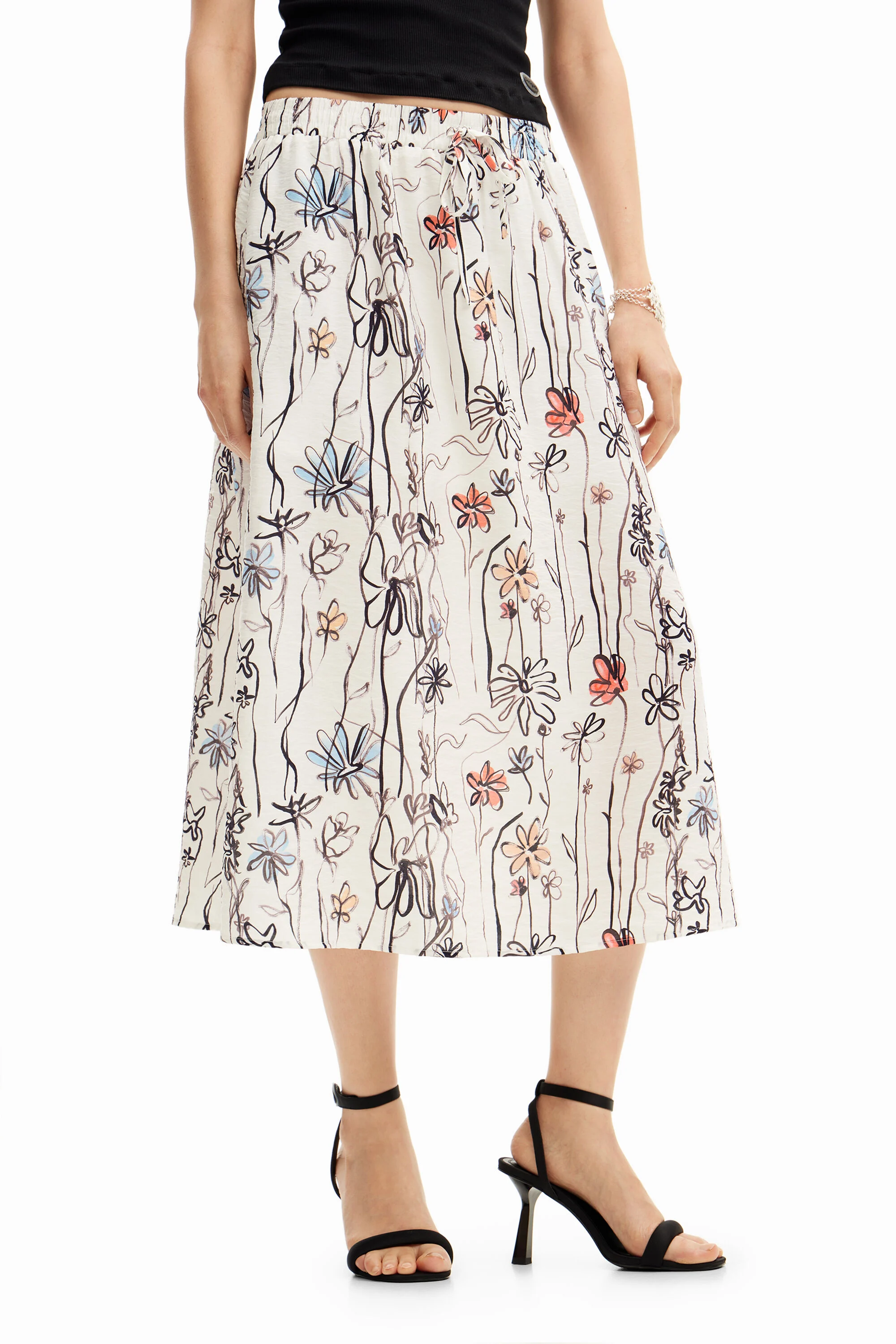 Falda midi flores ilustradas