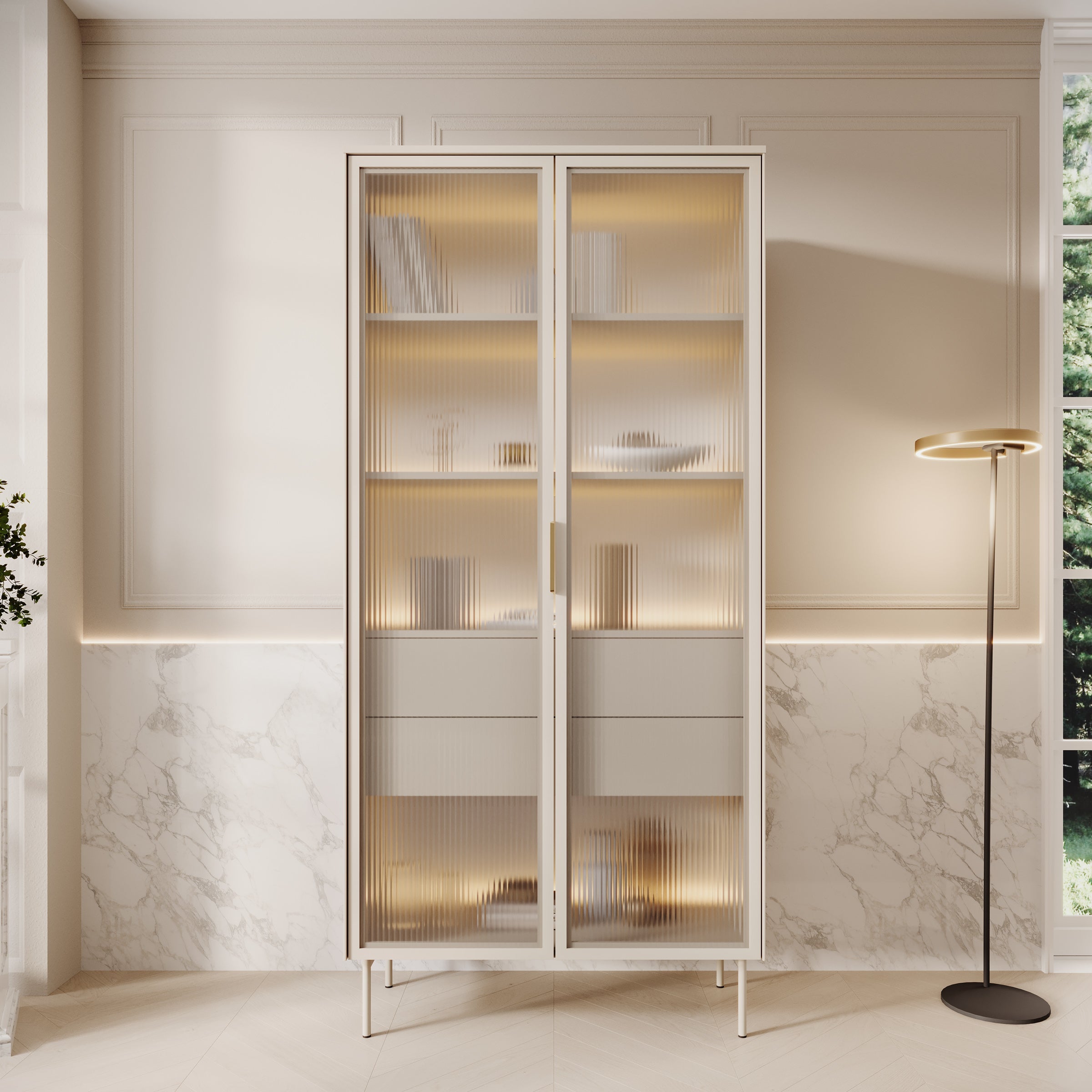 Meubella - Lomo - Vitrinekast - Beige - 92x39x195 cm