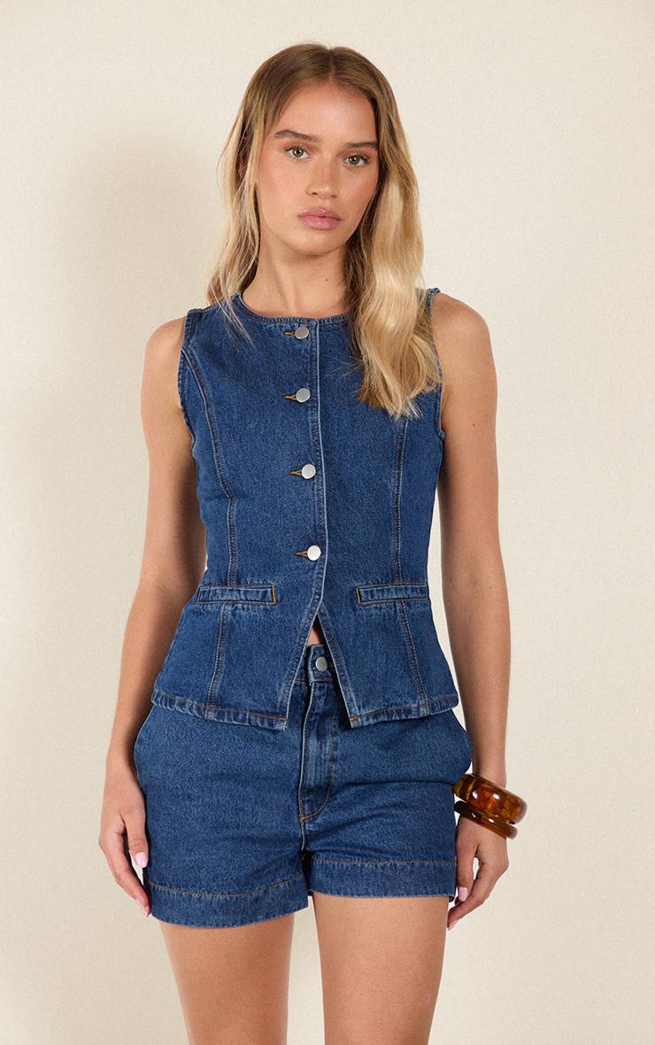 Bleu Foncé Gilet Long En Jean À Col Rond