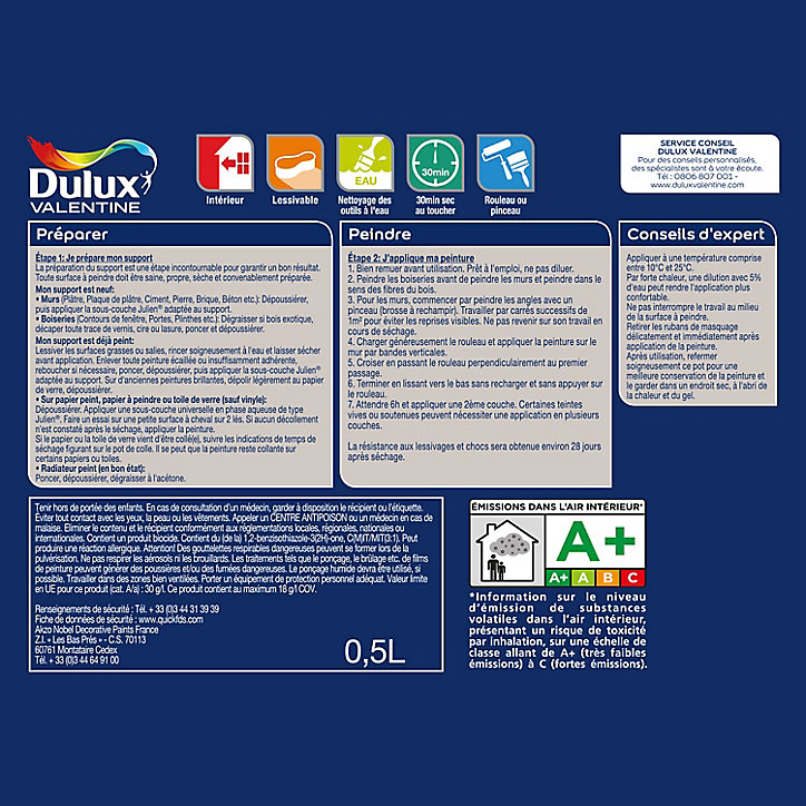 Peinture Crème de Couleur Dulux Valentine mat bleu paon 0,5L