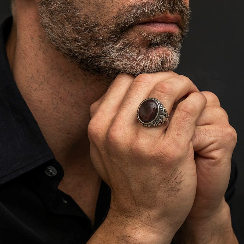 Chevalière Homme Royale oeil De Tigre Rouge Argent