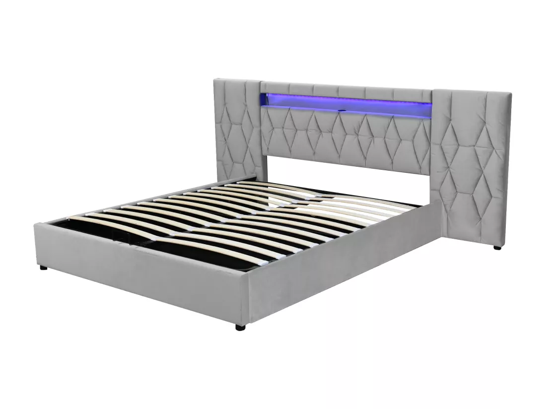 Lit coffre 180x200 cm en velours - avec LED et prise USB - Gris