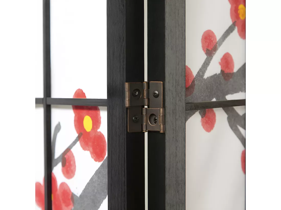 Paravent japonais fleur de cerisier en bois noir de 4 pans, L176 x H175 x P2 cm