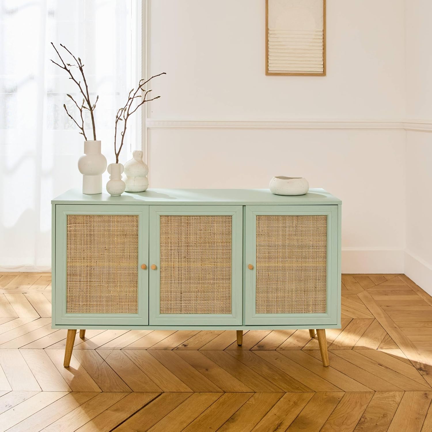 Alice's Home Sideboard mit Rattangeflecht 120 x 39 x 70 cm - 2 Ebenen - 3 Türen - Skandinavische Möbelbeine