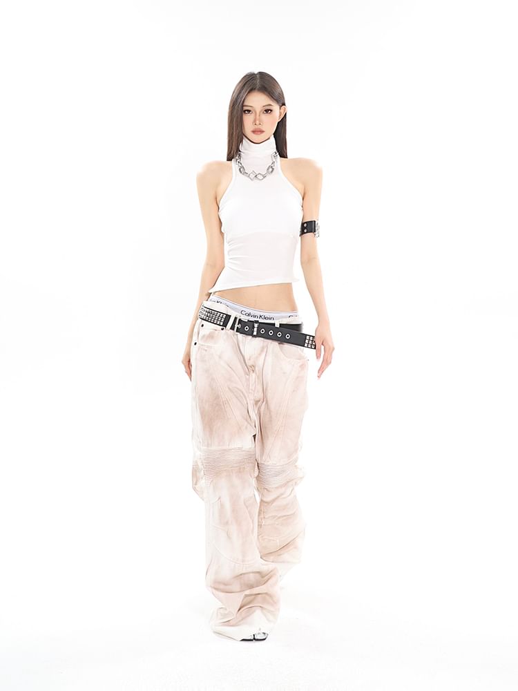 SPUCIKLEI - Turtleneck Plain Racerback Asymmetrisch Gewatteerd Crop Tanktopje