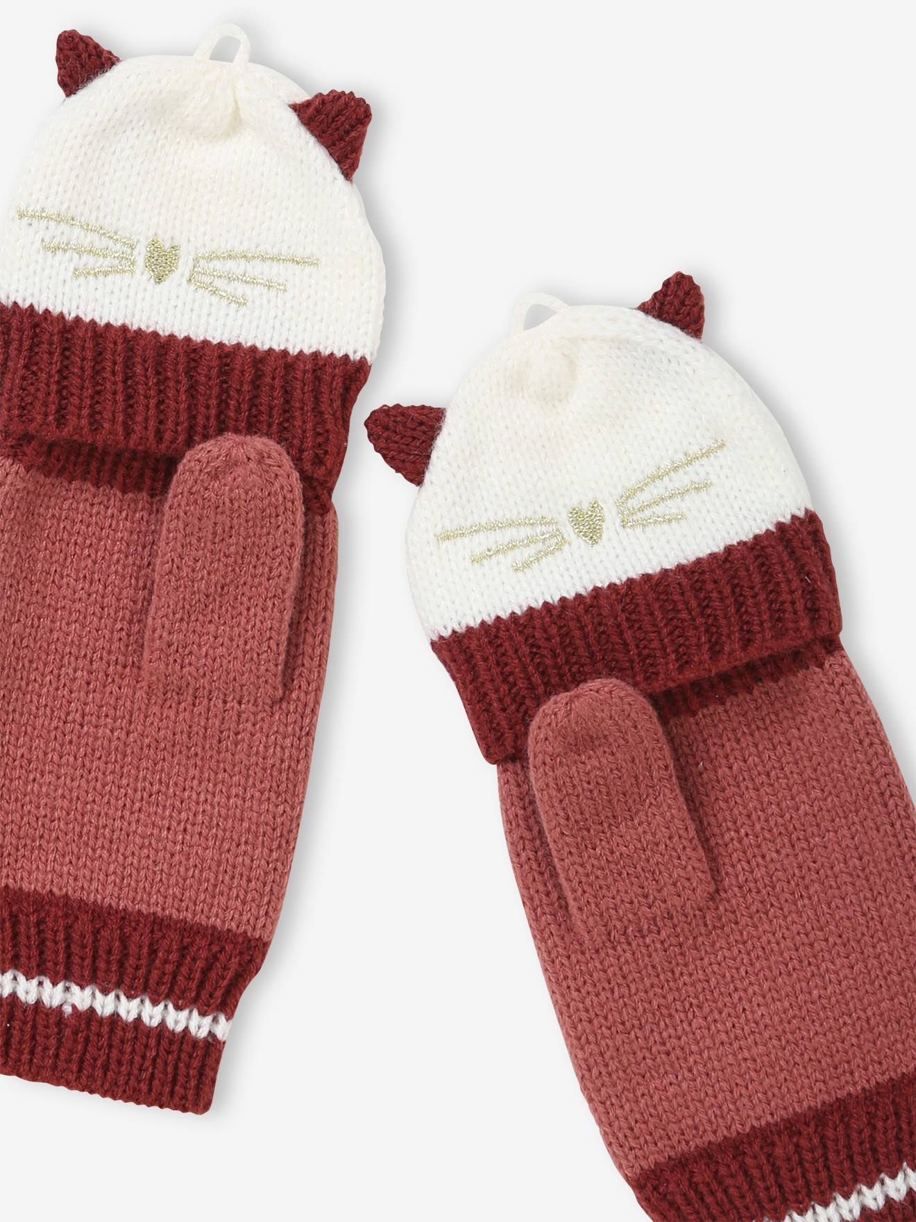 Luvas de tricô/luvas com bordado de gato, modelo infantil rosa escuro liso