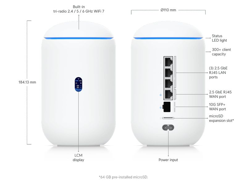 Ubiquiti Router UniFi Dream  UDR7 ink.64GB microSD Desktop 10G Cloud Gateway mit integriertem WiFi 7, PoE-Switch, microSD-Speicher und voller UniFi-Anwendungsunterstützung